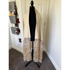 Vintage Creamy White Wool Ribbon Fringe Shawl Wrap Amazing